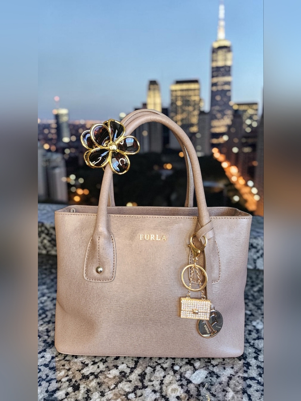 Furla Nude Beige Saffiano Leather Handbag With Multiple Charms & Flower Clip